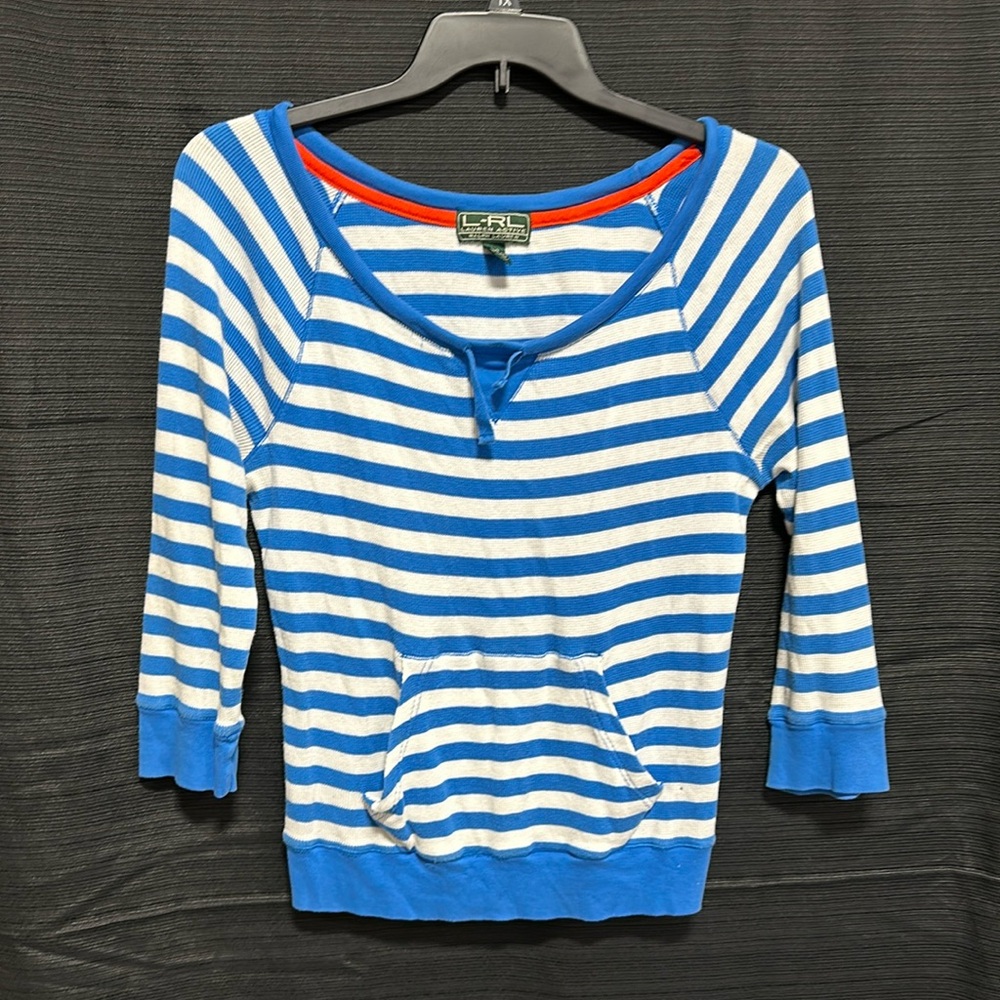 Lauren Ralph Lauren L/G blue n white striped‎ front pocket tie front ribbed top